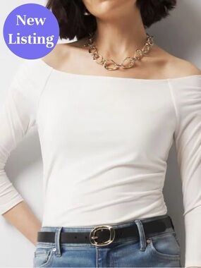 🆕 White House Black Market Off-The-Shoulder Ruched Top.  Ecru. Size L. NWT